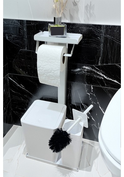3'ü 1 Arada Banyo Seti Tuvalet Kağıtlık, Çöp Kovası Ve Tuvalet Fırça Takımı Beyaz
