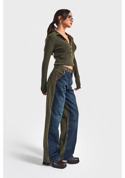 Itsbasic Kadın Haki Kot Rengi 2w5-31 Loose Fit Kadife Denim Kumaş Tasarım Denim Jean