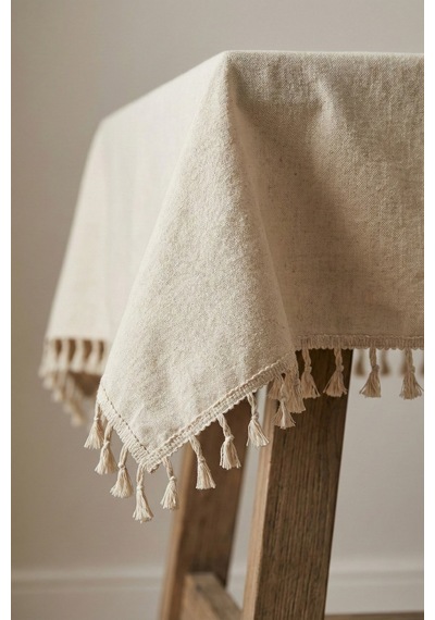 Linen Vintage Püsküllü Naturel Keten Masa Örtüsü - Ham Bej Yıkanmış Keten Bohem Sofra Örtüsü