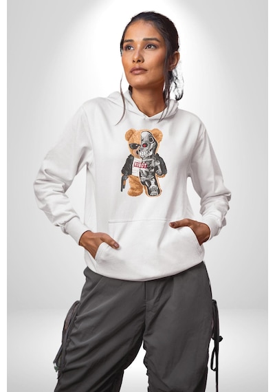 Robot Ayı Güneş Gözlüğü Kadın Erkek Beyaz Kapüşonlu Sweatshirt Hoodie Beyaz