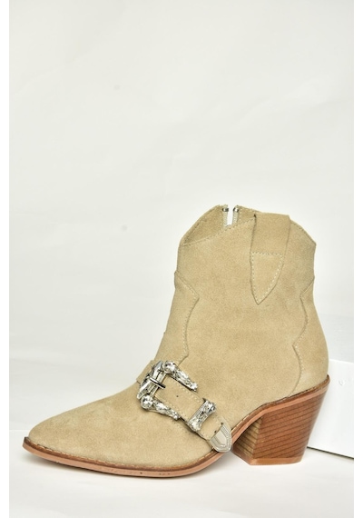 Fox Shoes T380395002 Bej Süet Taş Detaylı Kadın Bot Bej-süet Bej
