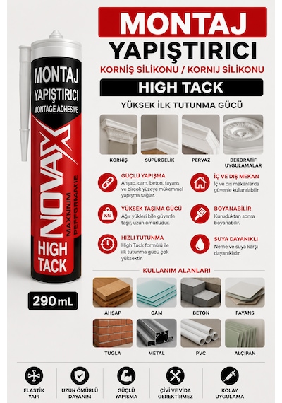 Montaj Yapıştırıcı Korniş Silikonu Kornij Silikonu Ahşap Cam Beton Fayans Hıgh Tack 290 Ml
