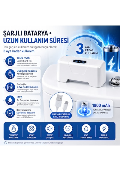 Hpytech Temassız Otomatik Tuvalet Sifonu Şarjlı Hareket Sensörlü Usb Şarjlı Ipx5 Su Geçirmez Üstten Basmalı Rezervuar Uyumlu Beyaz