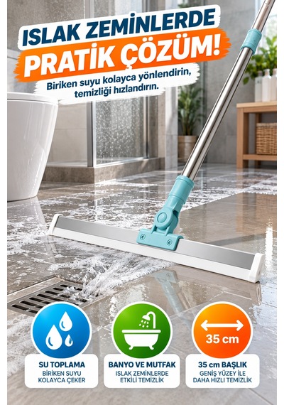 180 Döner Başlıklı Teleskopik Yer Sileceği 35 Cm Cam Banyo Mutfak Zemin Su Çekme Aparatı Pratik Mop