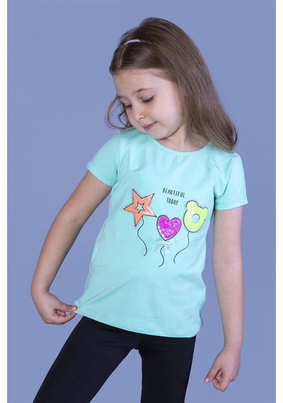 Toontoy Kids Toontoy Kız Çocuk Beautıful Today Baskılı Pul İşlemeli Tişört Mint Yeşili