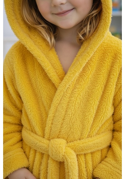 Luna Soft Kız / Erkek Çocuk Kapşonlu Pamuklu Bornoz Peluş Sabahlık 7/8 Yaş Civciv Sarısı Bal Sarısı