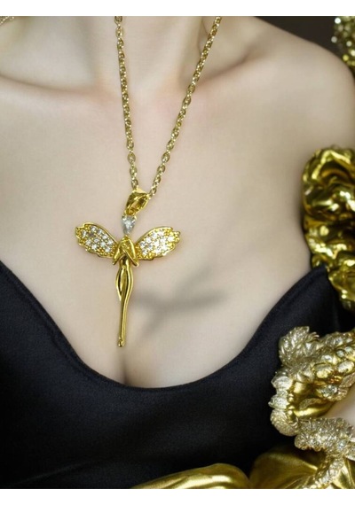 Gold Renk Zirkon Taşlı Melek Model Kadın Kolye 55 Cm Paslanmaz Çelik, Zarif Ve Anlamlı Tasarım Çelik