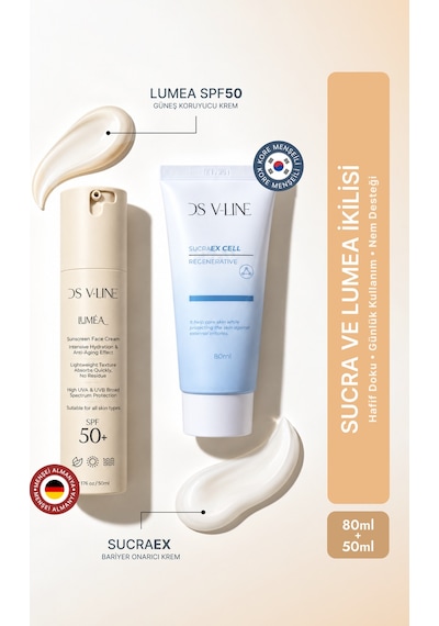 Ds V-lıne Sucraex Kore Bariyer Onarıcı Nemlendirici Krem 80 Ml + Lumea Spf50+ Uva Uvb Güneş Koruyucu Krem 50 Ml 2'li Cilt Bakım Seti