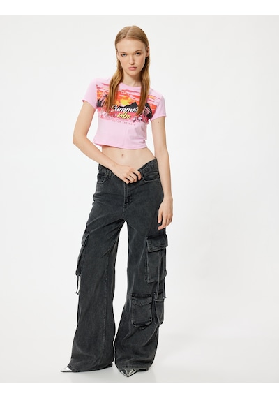 Koton Crop Tişört Kısa Kollu Slogan Baskılı Bisiklet Yaka Slim Fit Pembe 4sal11178ık Gül