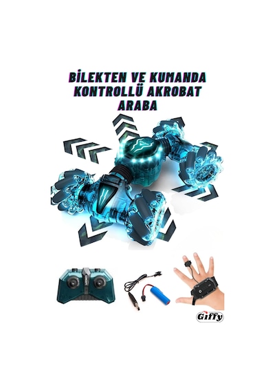 Oyuncak Uzaktan Ve Bilek Kumandalı Şarjlı Led Işıklı Full Fonksiyon Akrobat Drift Aracı Yeşil