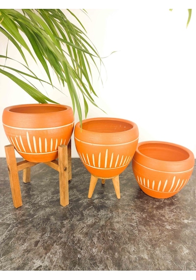 BİTKİ TASARIMI EV DEKORASYON DİK ÇİZGİ DESENLİ TERRAKOTA TOPRAK SAKSI SAKSILIK SALON ÇİÇEKLİK ÜÇLÜ SET - 15 CM