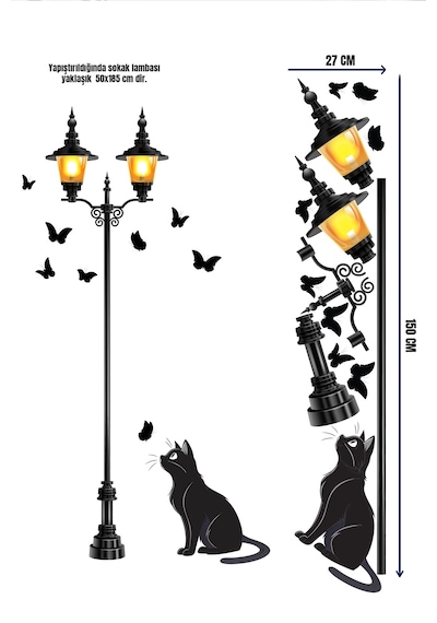 Kedi, Kelebek Ve Sokak Lambası Duvar Sticker Mat Sökülebilir Dekor Çok Renkli