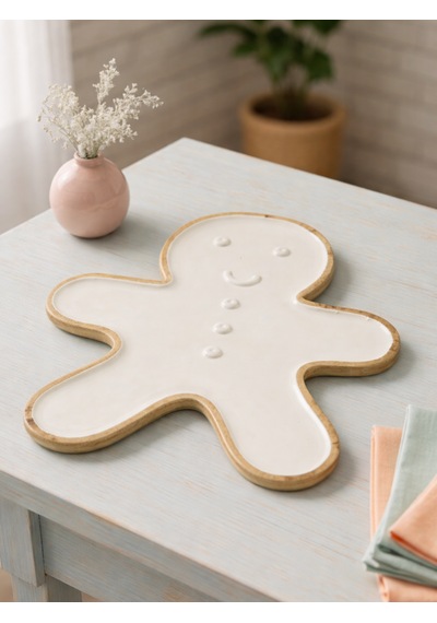 Gingerbread Formlu Büyük Dekoratif Seramik Tabak Beyaz