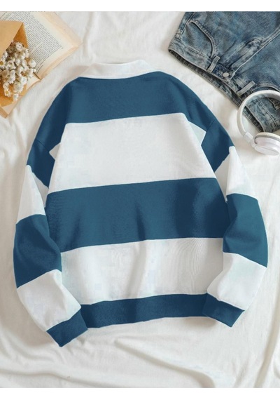 Altamira Unisex Çizgili Oversize Polo Yaka Yarım Fermuarlı Sweatshirt 001