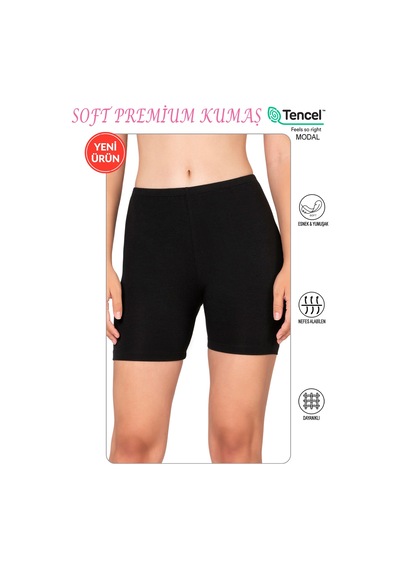 Özkan Underwear Özkan 27781 Kadın Premium Kumaş Modal Pamuklu Esnek Rahat Ara Boy Diz Üstü Kısa Tayt Şort Boxer Siyah