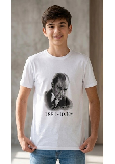 Erkek Çocuk Atatürk Baskılı Tişört Kısa Kollu Bisiklet Yaka T-shirt - Beyaz Çok Renkli