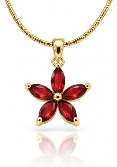 Kızıl Taşlı Lotus Çiçeği Gold Renk Çelik Kadın Kolye