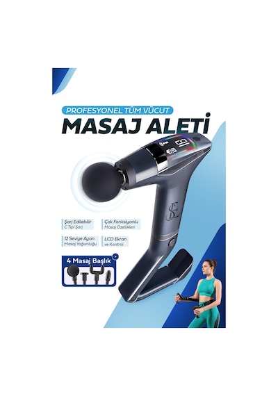 Yeni Nesil Profesyonel Lcd Göstergeli Şarjlı Tüm Vucut Masaj Tabancası Çok Fonksiyon Fıtness Masajı Gri