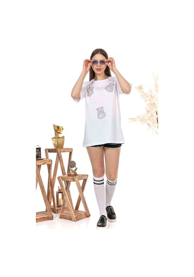 Kadın Oversize Taş Işlemeli Minik Ayıcık Baskılı Tshirt (534304862)