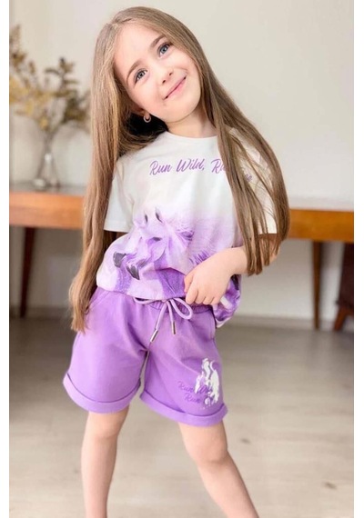 Riccotarz Kız Çocuk Run Wild Yazı Ve At Baskılı Lila Şortlu Takım
