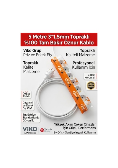 Viko 6'lı Grup Priz 5 Metre - 3x1.5mm %100 Saf Bakır Öznur Kablolu Uzatma Kablosu Çocuk Korumalı & Ark Yapmaz 5 M