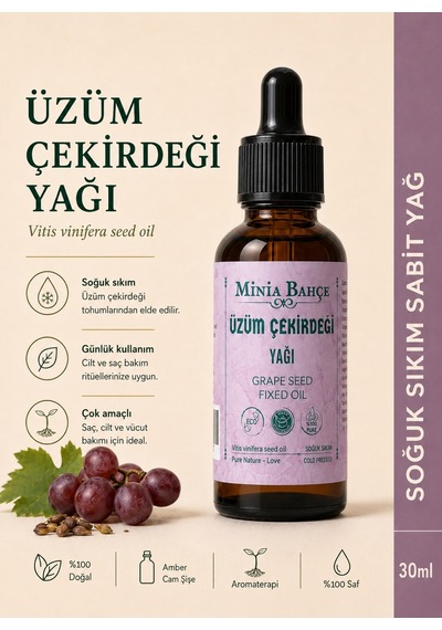 Minia Bahçe Bitki Ve Sanat Atölyesi Üzüm Çekirdeği Yağı  Soğuk Sıkım Sabit Yağ 30 ML