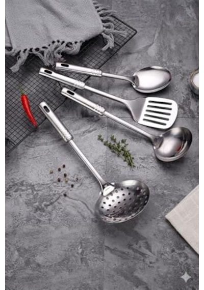 4 Parça Çelik Mutfak Servis Seti, Kepçe Kevgir Spatula Kaşık Takımı Çeyiz Seti, Mutfak Sofra Seti Ergonomik Sapl