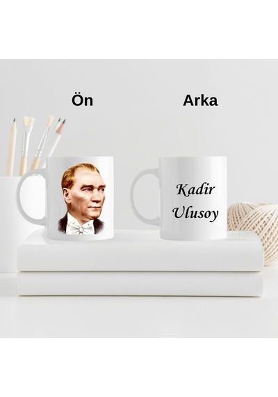 Kişiye Özel Atatürk Tasarımlı Kupa Bardak Ve Not Defteri Hediye Seti Siyah