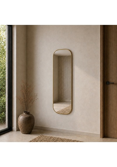 Modern Oval Boy Aynası 40x120 Cm Yuvarlak Hatlı Minimalist Dekoratif Duvar Aynası 2026 Trend Altın