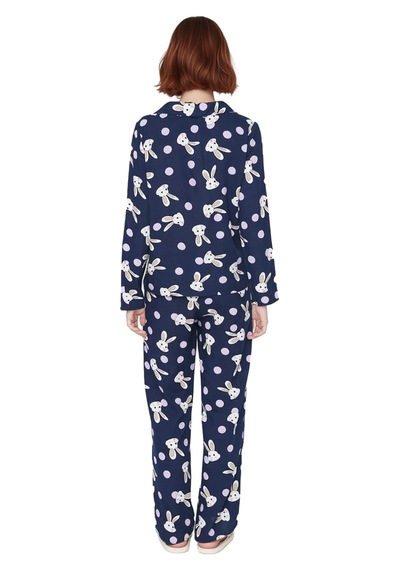 Ersefa Kadın Viskon Puantiye Tavşan Baskılı Pijama Takımı Fonksiyonel Da lacivert