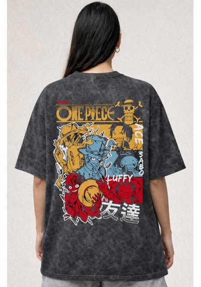 One Piece Monkey D. Luffy Ace Sabo Anime Baskılı Unisex Oversize Siyah