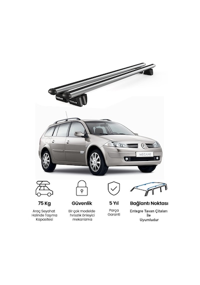 Pençe Renault Megane Grand Tour 2006 Ve Sonrası Uyumlu Gri Ara Atkı Port Bagaj Tavan Barı