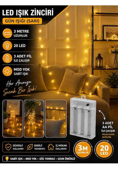 Kablolu Led Işık Zinciri Gün Işığı Dekoratif Led Aydınlatma Oda Duvar Yatak Odası Parti Yılbaşı Süsü 3 Metre 20 Led Sarı