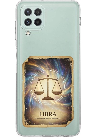 Samsung Galaxy A22 İle Uyumlu Burç Kartları Terazi Tasarımlı Şeffaf Silikon Kılıf Şeffaf