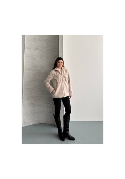 Asur Boutique Asur Butik Kadın Keçeli Kumaş Tokalı Fermuarlı Ceket Bej