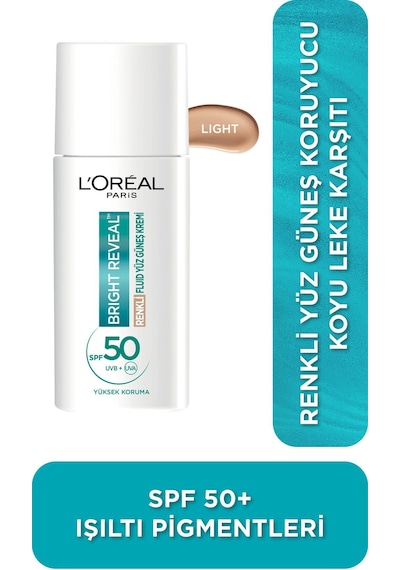 L'Oréal Paris Bright Reveal Koyu Leke Karşıtı Renkli Fluid Günlük Yüz Güneş Kremi SPF50+ Light 50 ML