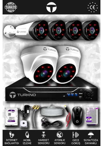 Turkno 6 Kameralı Galia 2 İç Kamera Set 2 TB HDD Full HD Gece Görüşlü Güvenlik Kamerası Sistemi