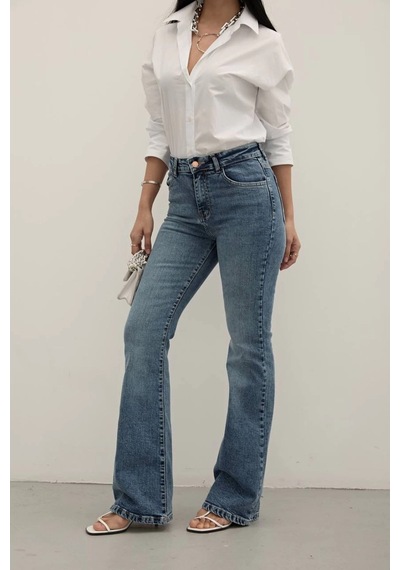 Dark Blue Premium Yüksek Bel Bronz Düğmeli İspanyol Paça Jeans Mavi