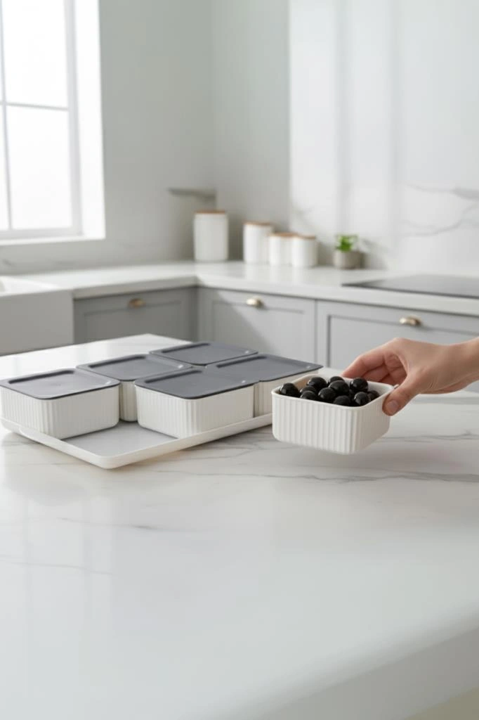 Atbyhome Valverdi - 6'lı 13 Parça Plastik Kahvaltılık Kahvaltı Seti Sunum Seti Gri Görünüm Gri