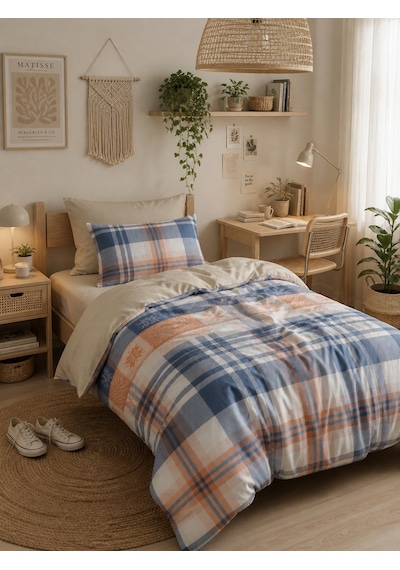 Mystory Home Lastikli Çarşaflı Tek Kişilik Nevresim Takımı Plaid Lacivert