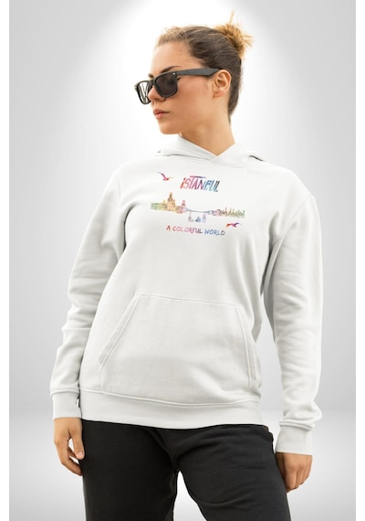 İstanbul Özel Tasarım Kadın Erkek Beyaz Kapüşonlu Sweatshirt Hoodie Beyaz
