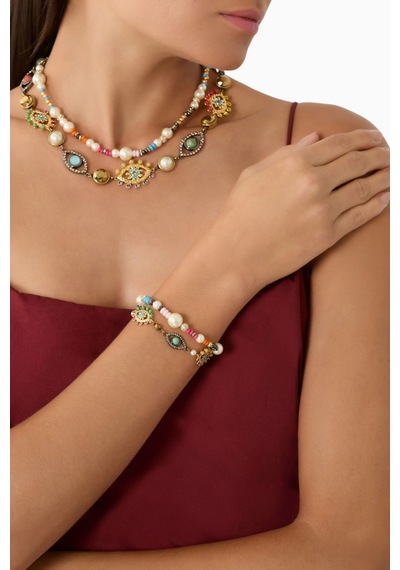 Multi-strand Eye Necklace, Çok Sıralı Göz Kolye, Incili, Kristalli Ve Nazar Boncuklu Gümüş