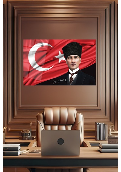 Atatürk Portre Ve Türk Bayrağı Yatay Cam Tablo Evlika, Modern Duvar Dekoru , Kurum Ofis İş Hediyelik Tablo