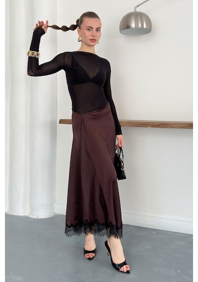 Verymoda Dantel Detaylı Saten Etek D2930 Kahve
