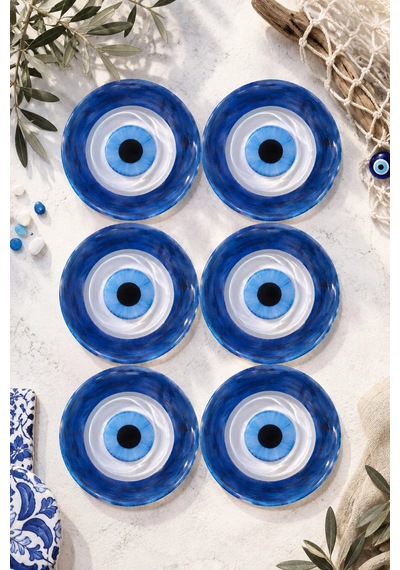 6 Lı Cam Çay Tabağı - Nazar Boncuğu Desenli 12 Cm - 6 Adet Çay Tabak Lacivert