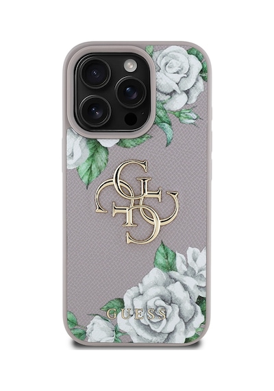 Apple Uyumlu iPhone 16 Pro Max Kılıf Guess Lisanslı Beyaz Gül Baskılı Büyük 4g Metal Logolu Kapak Lavanta Gri