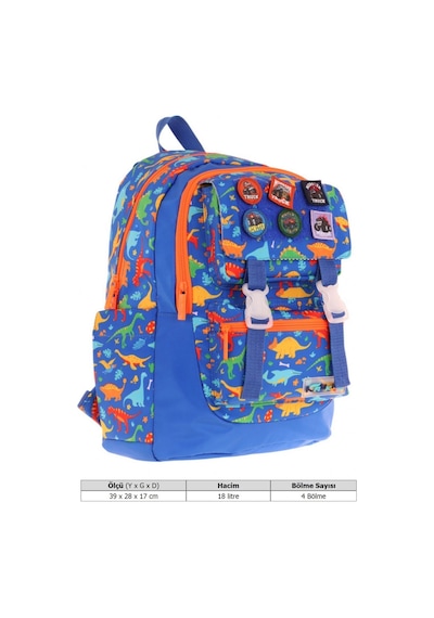 Kaukko Kids Erkek Çocuk Armalı Dinazor Desenli İlkokul Okul Sırt Çantası Dört Bölmeli - Mavi - L5278 MAvi