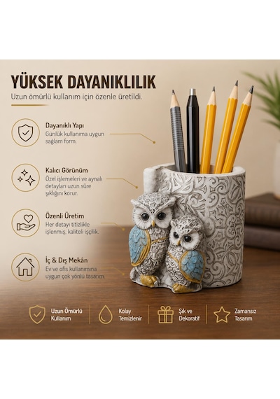 Lüks İşlemeli Aynalı Baykuş Kalemlik Biblo Dekoratif Heykel Ev Ofis Masa Dekoru Hediyelik 9 X 7 Cm 9 - 11 Cm