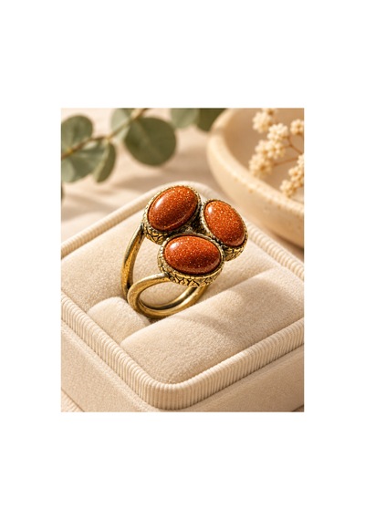 Esoo Jewelry Doğal Taş Detaylı 3 Taşlı Vintage Gold Ayarlanabilir Kadın Yüzük - Bronz Işıltı