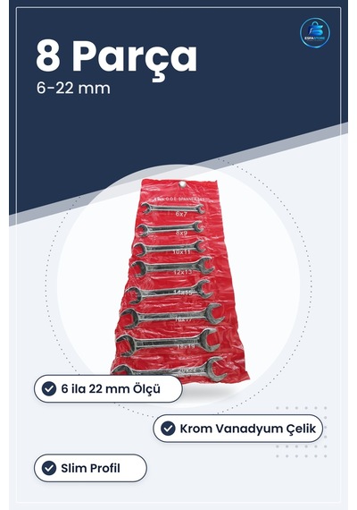 Açık Uçlu Anahtar Takımı 8 Parça 6 İla 22 Mm Krom Vanadyum Çelik